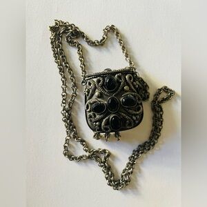 Vtg Silver Tone Afghan Kuchi Prayer Box With Bells And faceted Black faux Stones